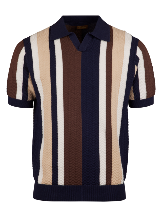 Stenstroms - Blue Textured Striped Linen/Cotton Polo Shirt