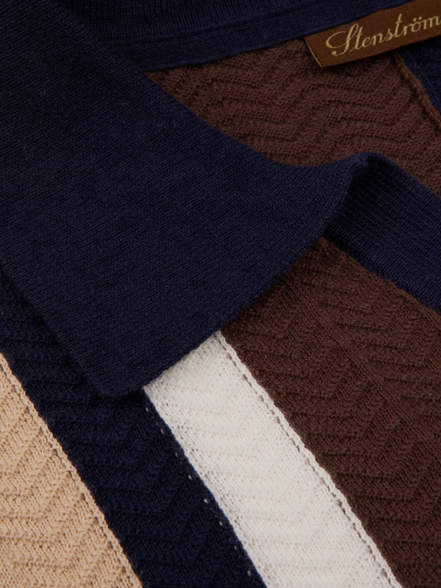 Stenstroms - Blue Textured Striped Linen/Cotton Polo Shirt
